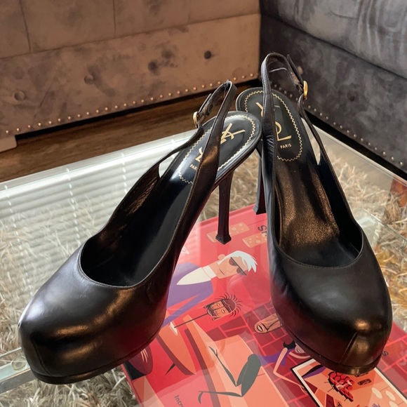 Rare YSL- Black leather Yves saint laurent Size 40 tribute sling back EUC!! - Picture 2 of 6